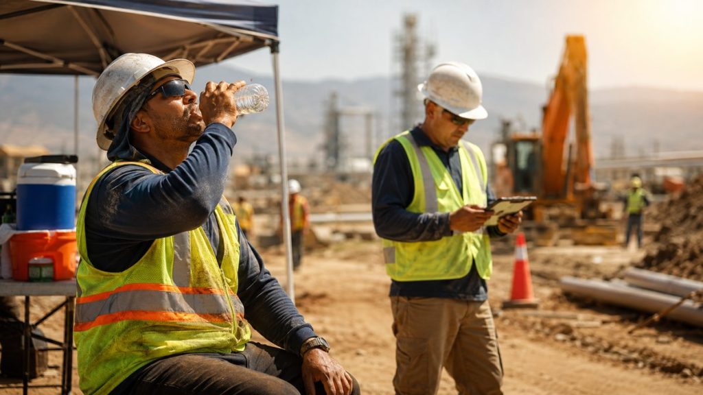 Lavoratori in cantiere si idratano per prevenire i rischi del caldo sul lavoro