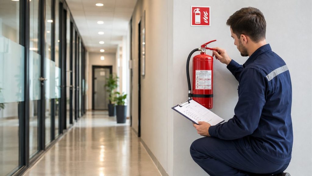 Tecnico durante la manutenzione di un estintore in un'azienda