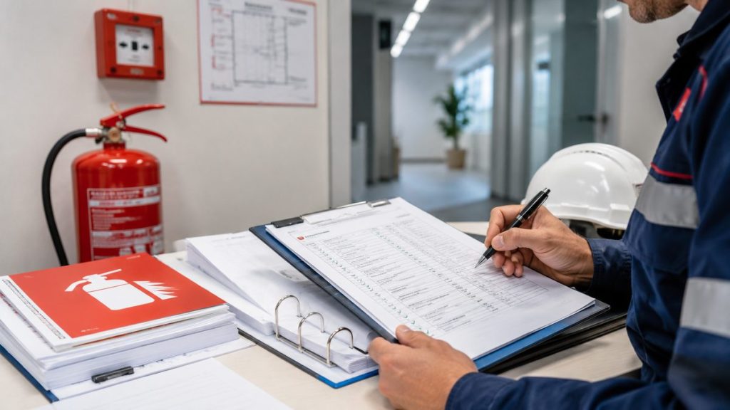 Compilazione del registro dei controlli antincendio accanto a un estintore