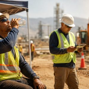 Lavoratori in cantiere si idratano per prevenire i rischi del caldo sul lavoro