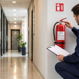 Tecnico durante la manutenzione di un estintore in un'azienda