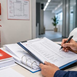 Compilazione del registro dei controlli antincendio accanto a un estintore